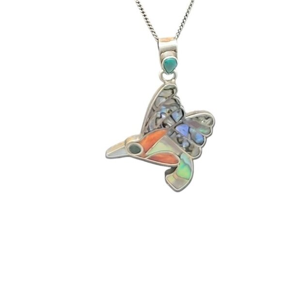 950 Fine Silver Channel Inlay Hummingbird Pendant Necklace 18" 925 Chain… - Picture 10 of 14